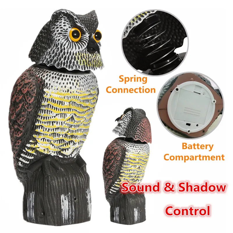 Realistic Bird Scarer Rotating Head Sound Owl Prowler Decoy Protection Repellent Pest Control Scarecrow Garden Yard Move