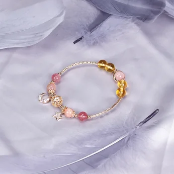 

Natural Moonstone Strawberry Quartz Bracelet for Women Gold Plated Chain Handmade Beaded Bracelets Good Luck Jewelry