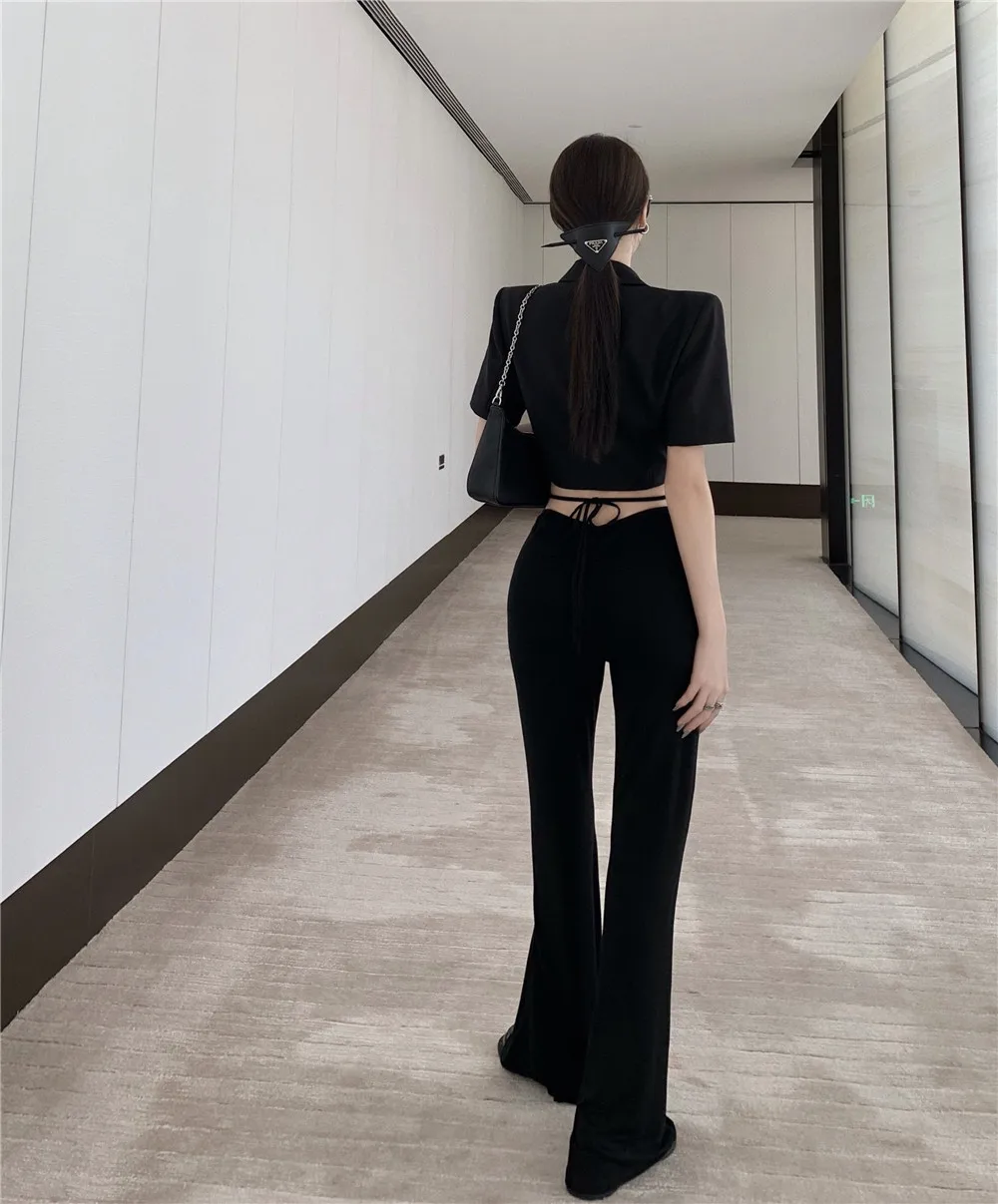 Fashion Black 2-piece Suit Women Street Cool Girl Blazers Crop Tops + Drawstring V-waist Flare Pants Sets Woman 2021 New