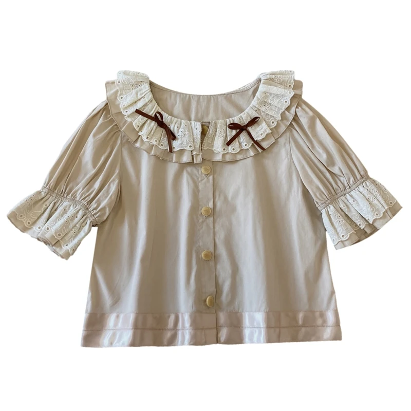 Kawaii Lolita Blouse Women Girls Vintage Cute Elegant Lace Ruffle Puff Long Sleeve Tops 2021 Peter Pan Collar Hollow Doll Shirts
