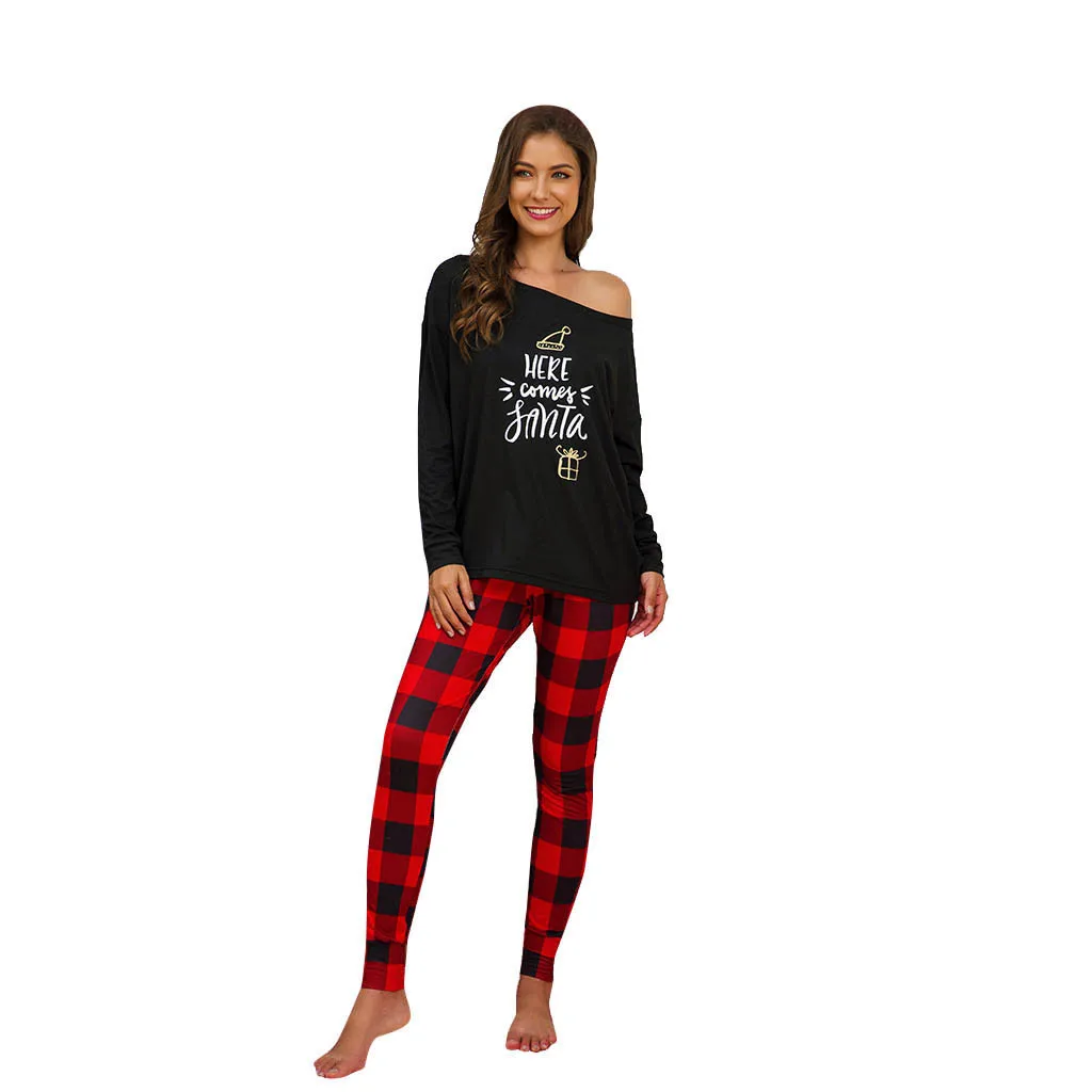 Женский спортивный костюм, повседневный Рождественский комплект в клетку с надписью, футболка с длинным рукавом, брюки, домашняя одежда для сна, комплект одежды для сна#45 - Цвет: Black