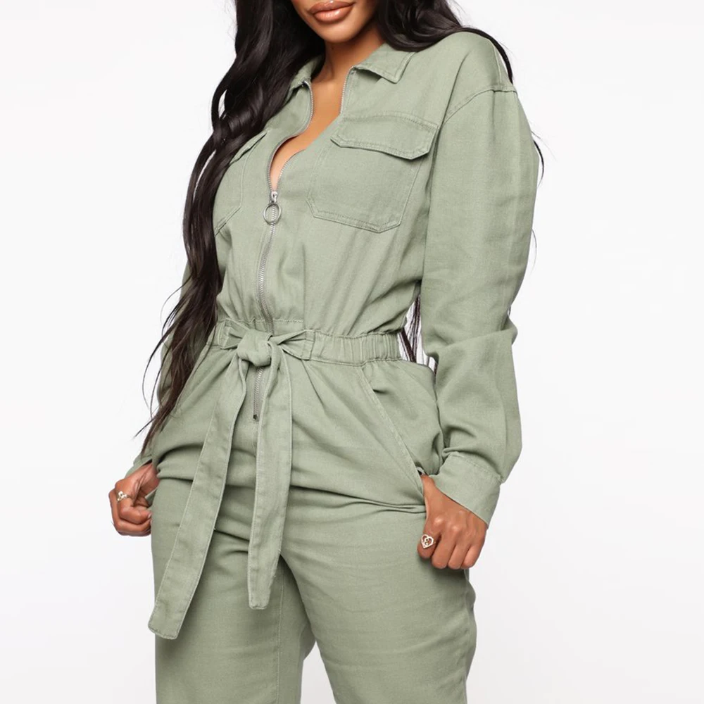 Casual Sport Overalls Women Jumpsuit Long Sleeve Belt Rompers Trousers Female Office Lady Fashion  Zipper Playsuit  Streetwear