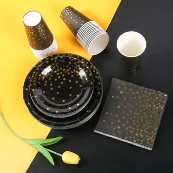 

50PCS Black and Gold Party Supplies Disposable Tableware Paper Plates Golden Dot Disposable Dinnerware Set Theme Party birthday