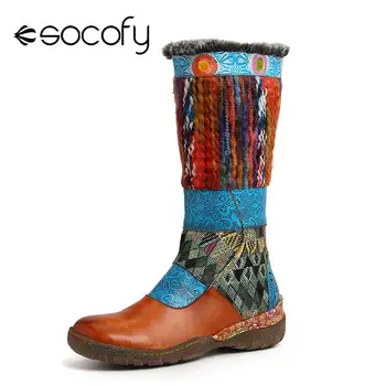 

SOCOFY Super Soft Laining Genuine Leather Splicing Colorful Woollen Mid Calf Flat Winter Boots Women Shoes Botas Mujer 2020