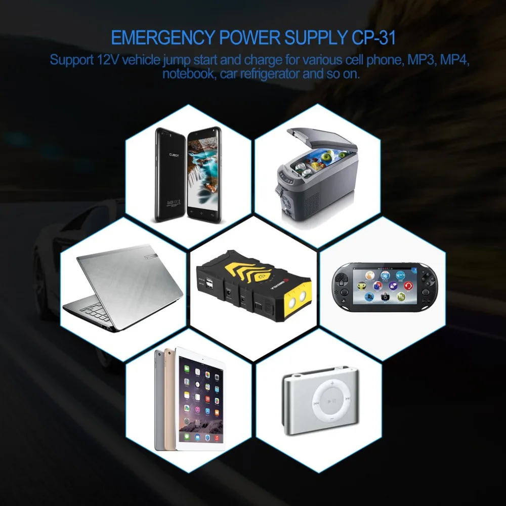 Многофункциональный автомобильный Jump Starter Kit 14000 мА/ч, два USB выхода, Мощность банк аварийный усилитель аккумулятора с светодиодный фонарик