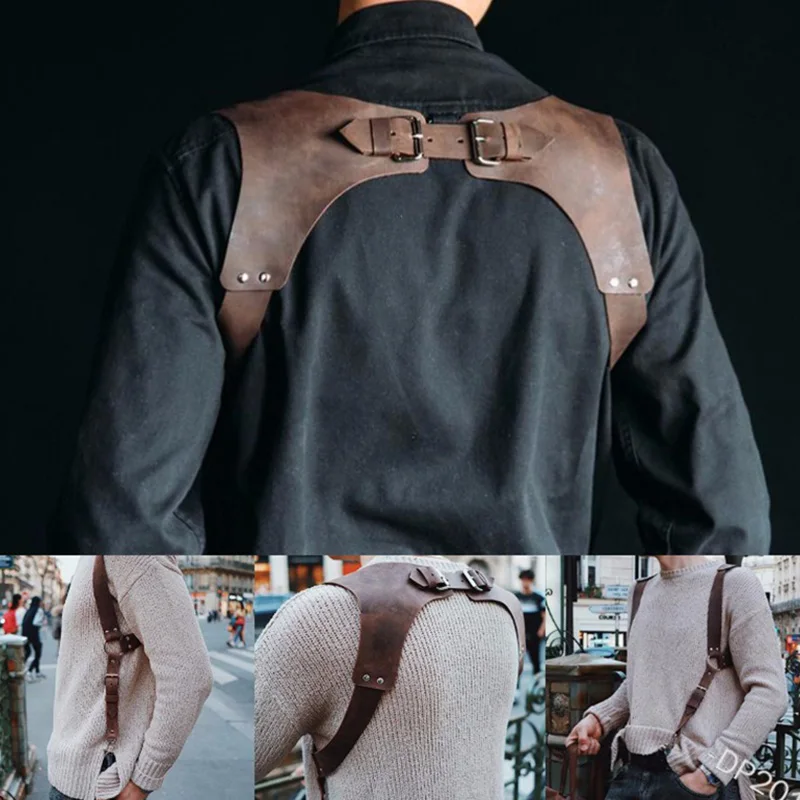 Medieval Festival Vintage Leather Jeans Brace Suspender Men Adjustable Body Chest Harness Shoulder Belt Strap Cosplay Accessory