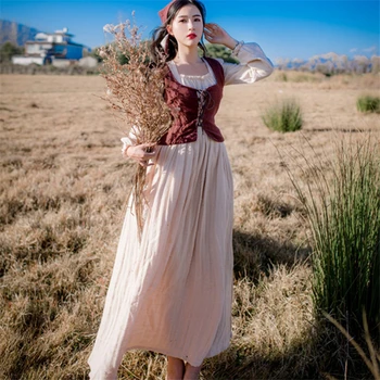 

Original Retro Scarf Vest Two-piece Cotton Linen Slim Long Vintage Medieval Dress Renaissance Princess Maxi Dress Woman Clothes
