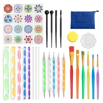 

42pcs Mandala Dotting Pen Tools Set for Painting Rock Stone Acrylic Stick Template Stencil Brush Tray