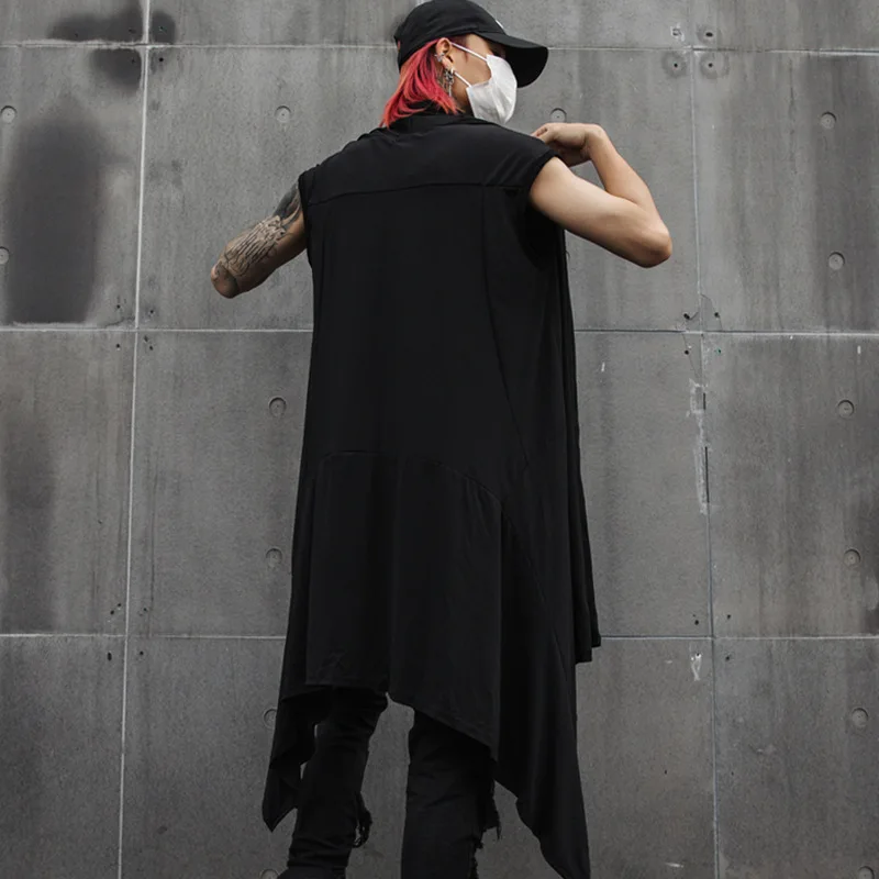 나이트 클럽 남자 힙합 펑크 긴 조끼 리넨 민소매 셔츠 케이프 남자 고딕 streetwear 조끼 가수 무대 카디건 의상