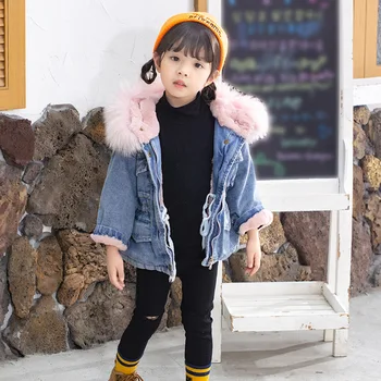 

2019 Winter Toddler Girl Denim Jacket Plus Velvet Hooded Warm Girls Outerwear Parka Coat 2-7 Years Kids Clothes Baby Thick Coats