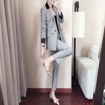 

Check Pattern Suit Suit Female 2020 Temperament Commute Small Xiangfeng Small Suit Two-piece Set 1579