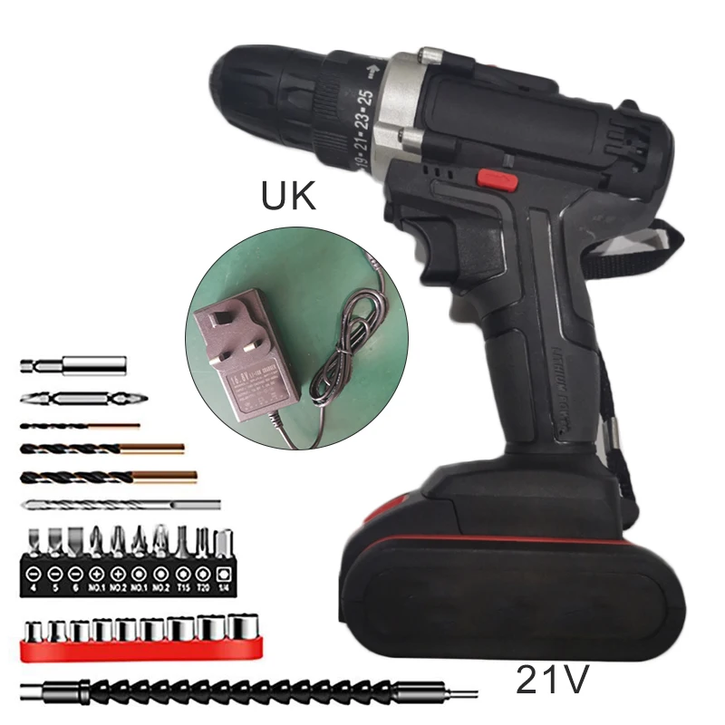 

21V 3/8inch Waterproof Cordless Electric Drill w/ Rechargeable Li-ion Battery for wood, iron, steel, ceramic tile, brick, steel