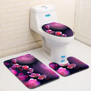 

Floral Printed 3pcs Bathroom Mat Set Anti-slip Bath Floor Rug Cushion Toilet Seat Cover Bathroom Carpet Set