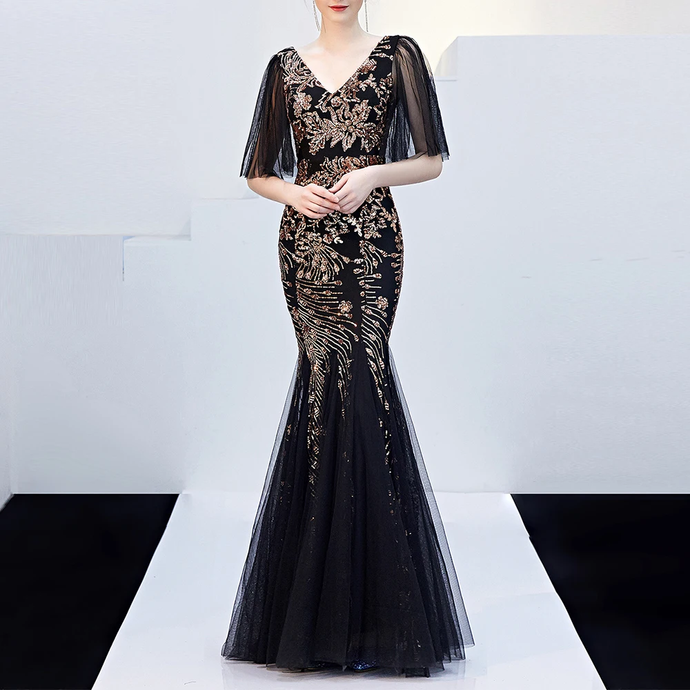

Short-Sleeve Evening Dress Tulle Lace Formal Dress Sequins Party Gown Elegant Mermaid Prom Dresses V-Neck Robe De Soriee V-Back