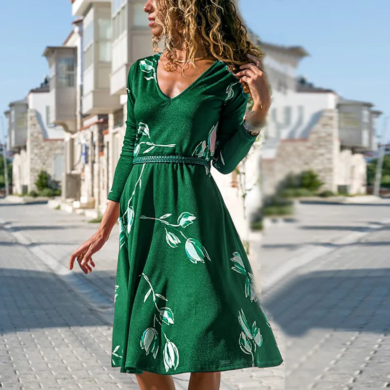 

Women's Slim Fit a line Dress V-neck Long Sleeve Leaves Printed Casual Large Size dresses autumn ladies sweet boho holiday dress