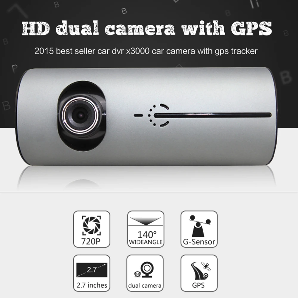 DVR Dash Camera 2.7'' Vehicle Car Drive Video Recorder Cam AVI G-Sensor GPS Dual Lens Wide Angle X3