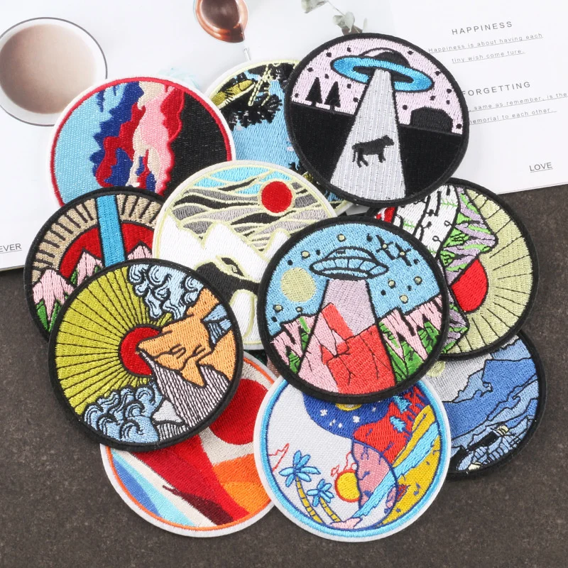 

Cartoon Round landscape Sunset patches DIY Badges Clothe Embroidery Patch Applique Clothing Sewing Supplies Decorative
