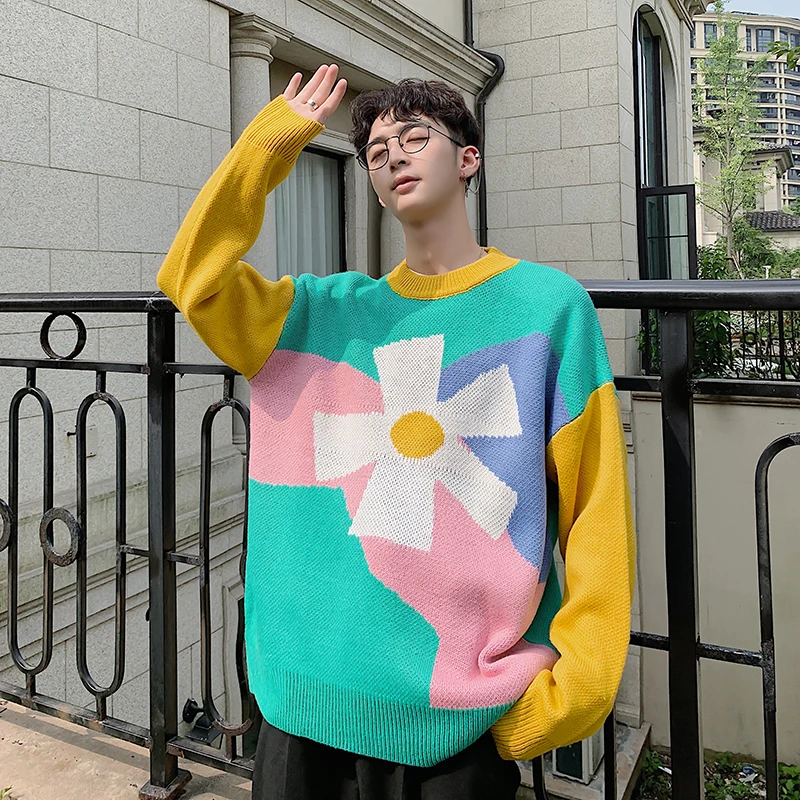 

Winter New Sweater Men Warm Fashion Contrast Color Flowers Casual O-neck Knit Pullover Man Streetwear Loose Sweater Male Clothes