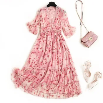 

Prairie Chic Real Silk Dress with Butterfly Sleeve Print Beautiful Dresses Mid-Calf Vestido Largo Fiesta Noche Elegante Encaje