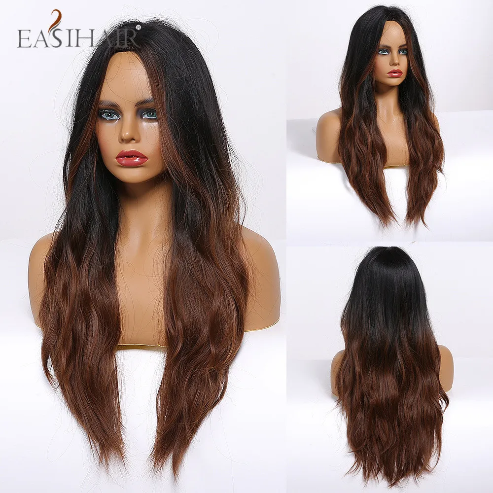 EASIHAIR Water Wave Ombre Black Brown Long Synthetic Wigs Female Middle Part Heat Resistant for Women African American | Шиньоны и