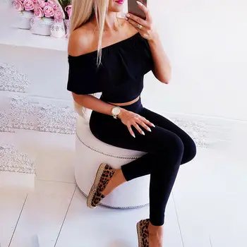 

Womens 2 Piece Frill Crop Top Pencil Pants Set Bodycon Off Shoulder Outfit Suit