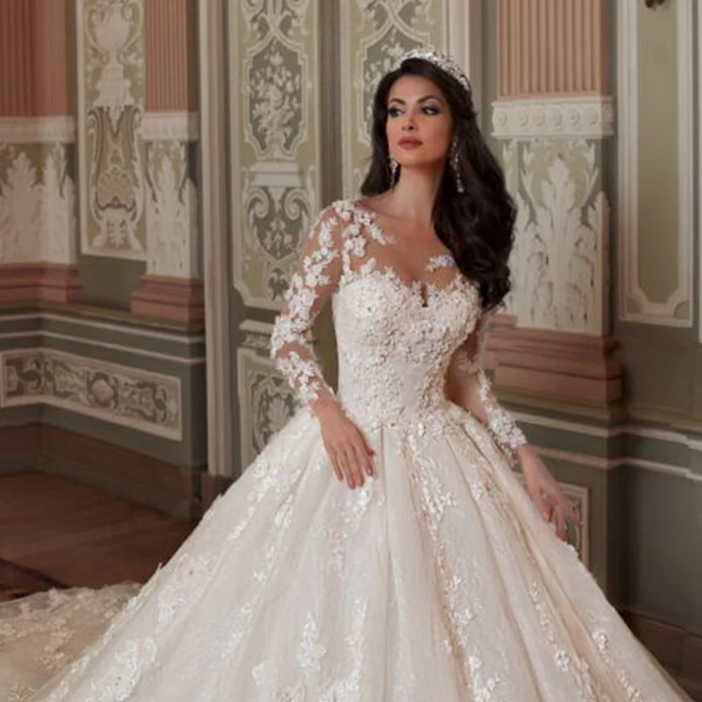 Великолепное бальное платье; свадебные платья; Vestido De Casamento; свадебное платье принцессы с длинным рукавом и кружевными цветочками