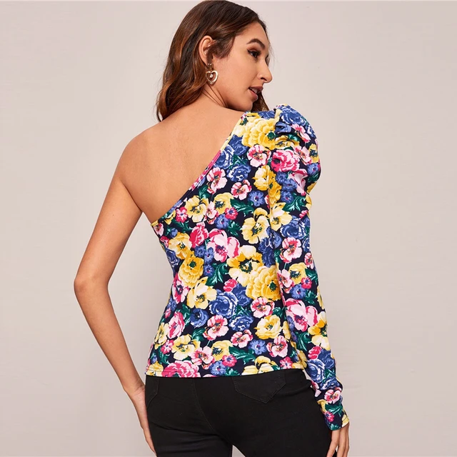 Multi color One Shoulder Floral Sleeve Top