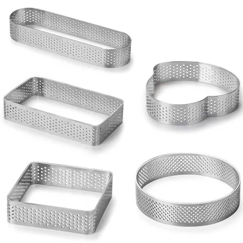 

5 Pack Stainless Steel Tart Ring, Heat-Resistant Perforated Cake Mousse Ring, 5 Shapes