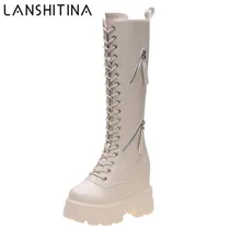 Новые зимние женские сапоги до колена высокие сапоги на танкетке и высоком каблуке 11 см, на платформе, со шнуровкой теплая обувь на меху с плюшевой подкладкой мотоботы