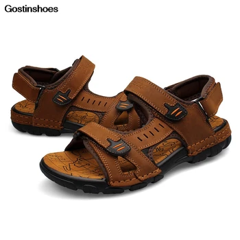 

Men Sandals Leather Cowhide Peep Toe Leather Large Size Shoes Men Sandals Summer Genuine Leather Sandals Men