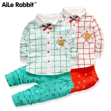 Комплект для мальчиков, осенняя клетчатая рубашка с длинными рукавами и штаны комплект из 2 предметов, детский костюм джентльмена с буквой B и бантом, K1