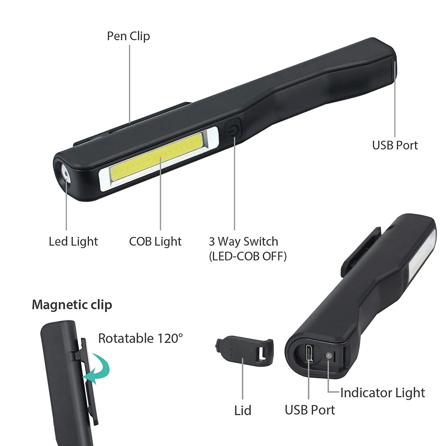 LED COB Inspektionslampe Arbeitslicht Flexible wiederaufladbare Handfackel magne 