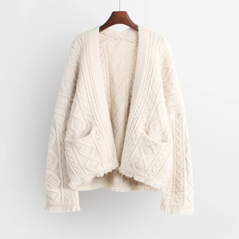 

Lazy Oaf Autumn Winter Vintage V Neck Sweater Cardigan With Pockets Women Tassel Fringed Twisted Knitted Plus Size Cardigan