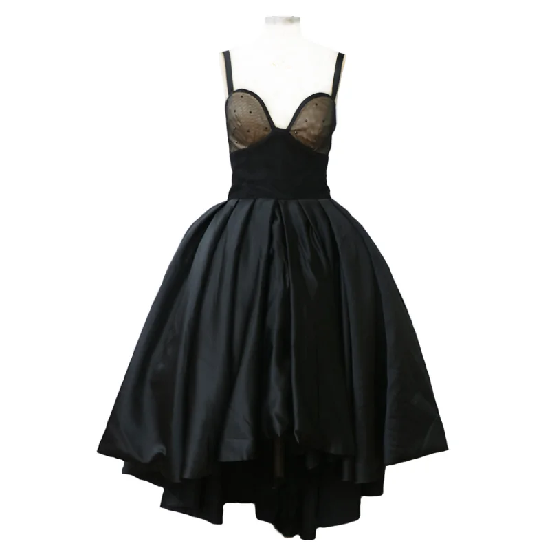 Sexy-Black-High-Low-Satin-Prom-Gowns-Deep-V-Neck-Spaghetti-Strap-Empire-Mid-Calf-Length