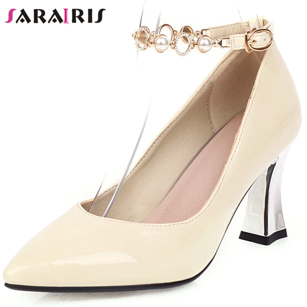 

SARAIRIS Lady Female Ankle Strap Crystal Pearl Pointed Toe Pumps Casual Party Wedding High Heels Pumps Women Spring Shoes Woman