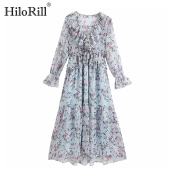 

Women Elegant Floral Print Long Dresses V Neck Ruffles Vintage Party Dress Long Sleeve Transparent Stylish Pleated Dress Vestido