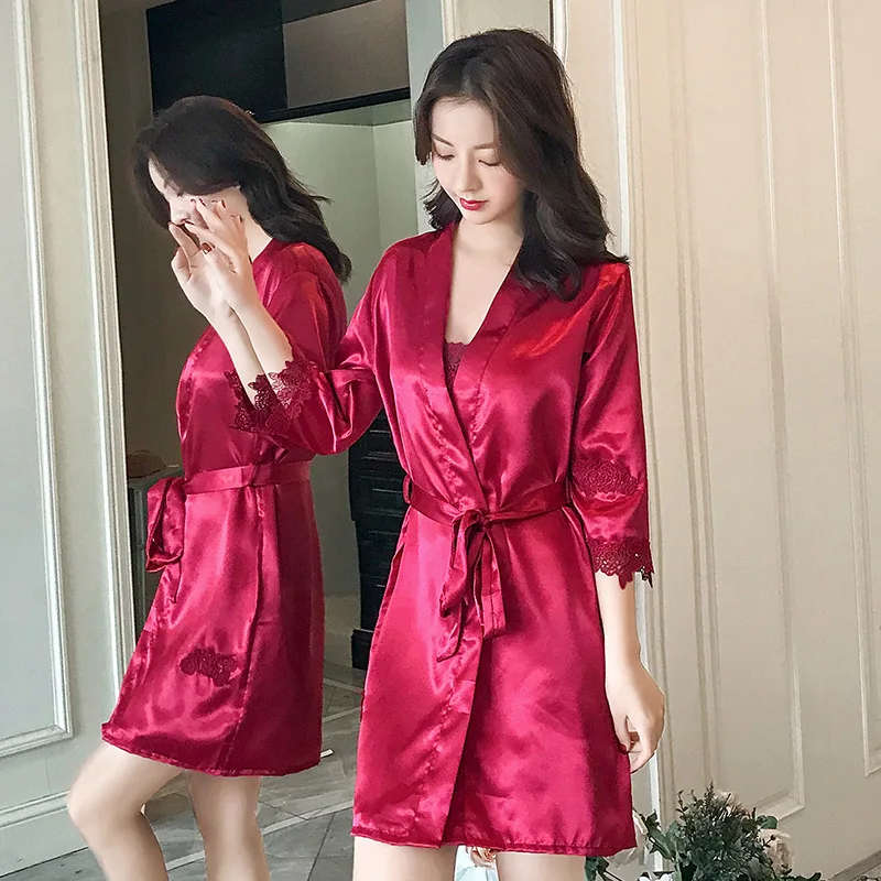 Новинка, летняя ночная рубашка из искусственного шелка с v-образным вырезом, 2 шт., ночная рубашка из искусственного шелка с поясом, ночная рубашка, сексуальный Одноцветный комплект-двойка с рукавом три четверти