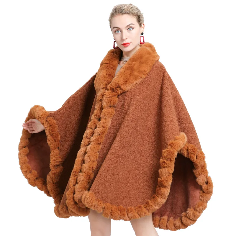 

Swonco Winter Warm Poncho Coat Womens Fur Capes Loose Design Fashion Female Winter Fur Cloak 2020 New Womens Ponchos Capes