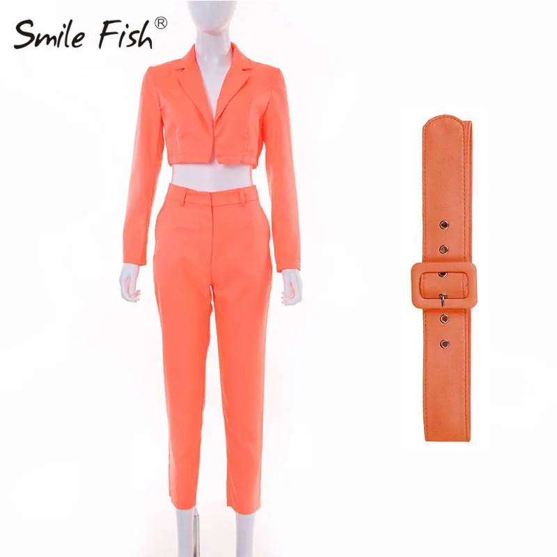 Модные женские короткие блейзеры, длинные брюки, наборы, длинный рукав, офисный Женский блейзер, неоновая уличная одежда, женская одежда, комплекты из 2 предметов, GV618 - Цвет: Orange