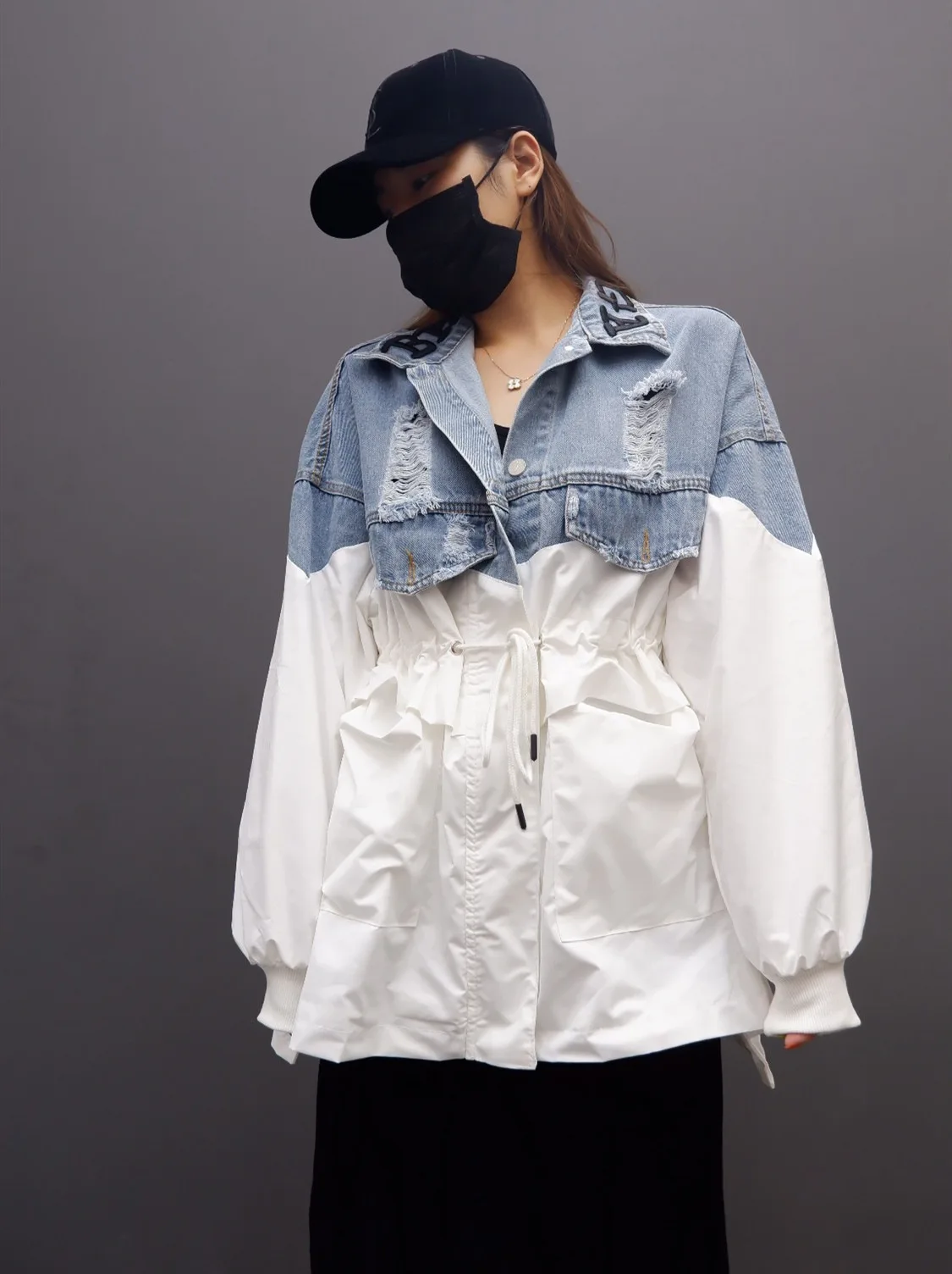 

Joint Mock Two-Piece Jeans Coat Women's 2019 Spring New Style Ozhouzhan Stand Collar Lettered Loose-Fit Trench Coat Coat