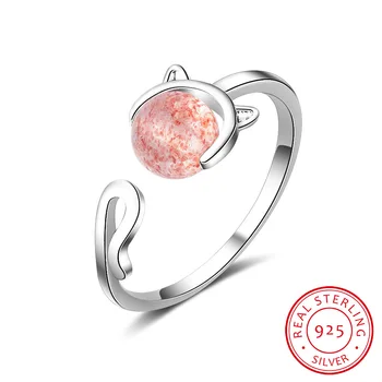 

100% 925 Sterling Silver Cat Ring Cute Animal Strawberry Crystal Finger Rings for Women Adjustable Engagement Jewelry
