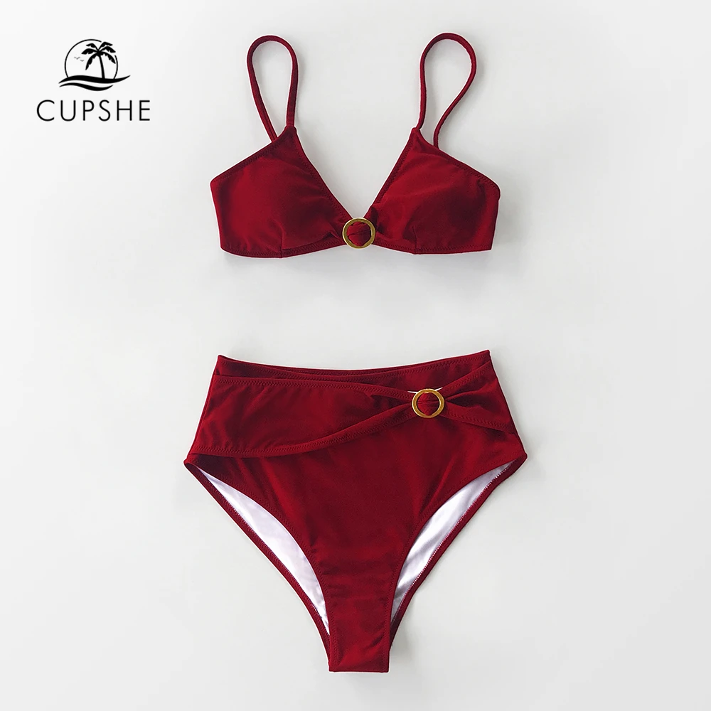 CUPSHE Одноцветный глубокий красный с высокой талией бикини наборы сексуальный
