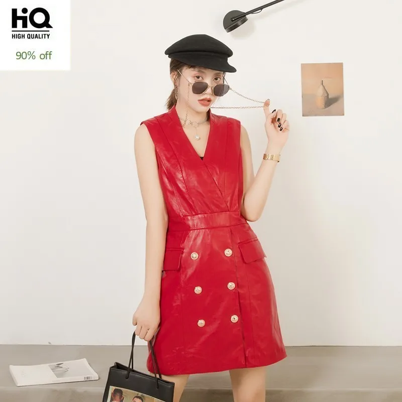 Hot Sexy V-hals Real Lederen Double Breasted Womens Schapenvacht Jurken Hoge Taille Slanke Mouwloze A-lijn Vest Jurken Plus Size Hot Sexy V-hals Real Lederen Double Breasted Womens Schapenvacht Jurken Hoge Taille Slanke Mouwloze A-lijn Vest Jurken Plus Size