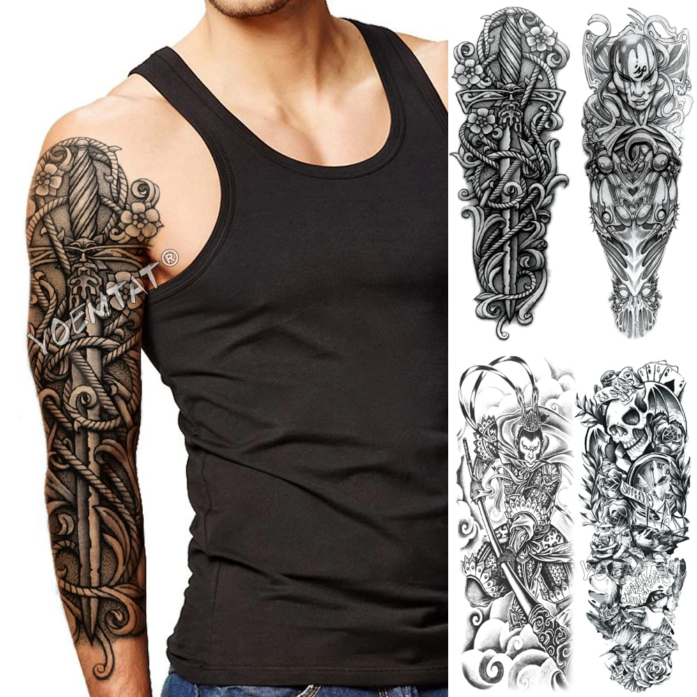 

Large Arm Sleeve Tattoo Old School Sword Waterproof Temporary Tatoo Sticker Rope Power Warrior Men Women Full Totem Tatto