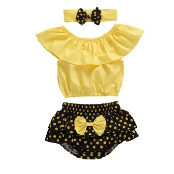 

Baby Girls Clothes Set 2020 Summer Toddler 3PCS Yellow Outfit Dot Print Sleeveless Ruffle Top Bow Shorts Headband Headwear