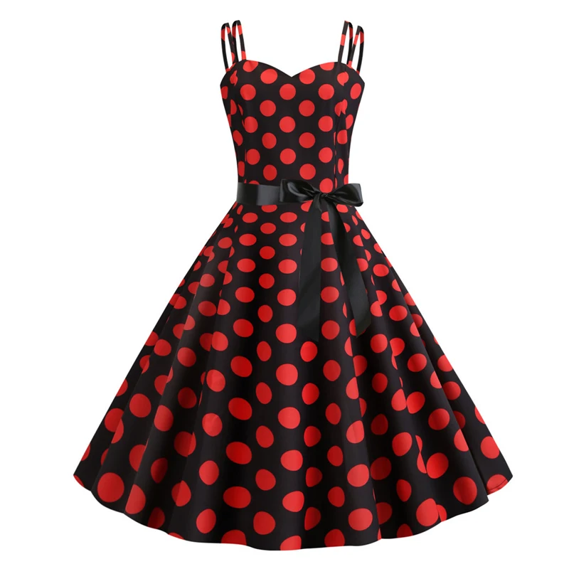 2021 Pinup 50S Vintage Spaghetti Strap Polka Dot Summer Dress with Belt 50s 60s Women Fit and Flare Casual Swing Dresses | Женская
