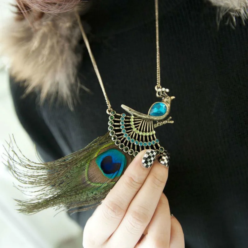 Brand Design Peacock Feather Pendant Necklace Bohemian Vintage Elegant Phoenix Sweater Chain Ornament Collier Femme | Украшения и