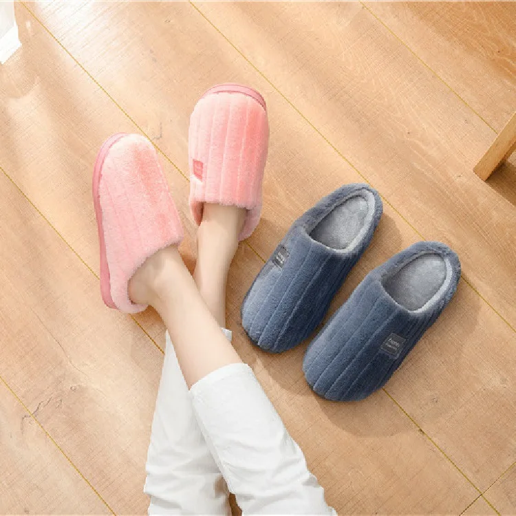 

2019 New Style Cotton Slippers Stripes Indoor Warm Thick Bottomed Rabbit Fur Shoes Anti-slip Home Men And Women Couples Winter