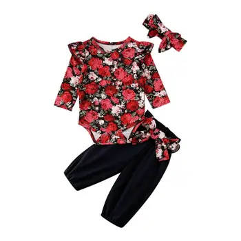 

0-18M Newborn Infant Baby Girls Flower Clothes Set Ruffles Long Sleeve Romper Jumpsuit + Pant Autumn Spring Costumes