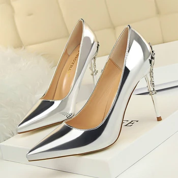 

2020 New Women Pumps High Thin Heel Metal Pointed Toe Shallow Sexy Ladies Bridal Wedding Women Shoes Silver High Heels Pumps